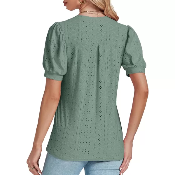 LYANER Women's Casual Eyelet V Neck Puff Short Sleeve Shirt Blouse Tunic Top