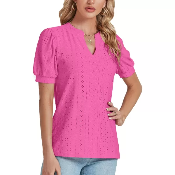 LYANER Women's Casual Eyelet V Neck Puff Short Sleeve Shirt Blouse Tunic Top