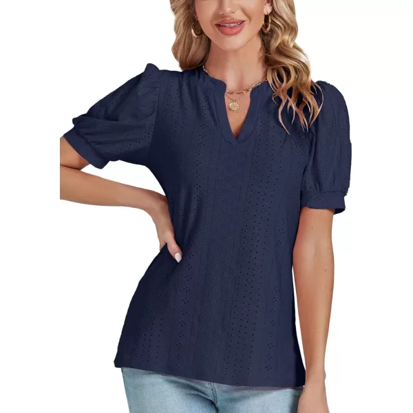 LYANER Women's Casual Eyelet V Neck Puff Short Sleeve Shirt Blouse Tunic Top