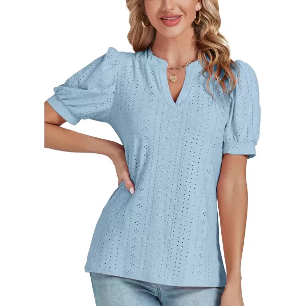 LYANER Women's Casual Eyelet V Neck Puff Short Sleeve Shirt Blouse Tunic Top