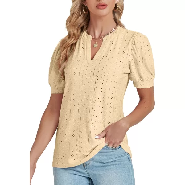 LYANER Women's Casual Eyelet V Neck Puff Short Sleeve Shirt Blouse Tunic Top