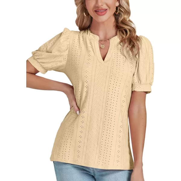 LYANER Women's Casual Eyelet V Neck Puff Short Sleeve Shirt Blouse Tunic Top