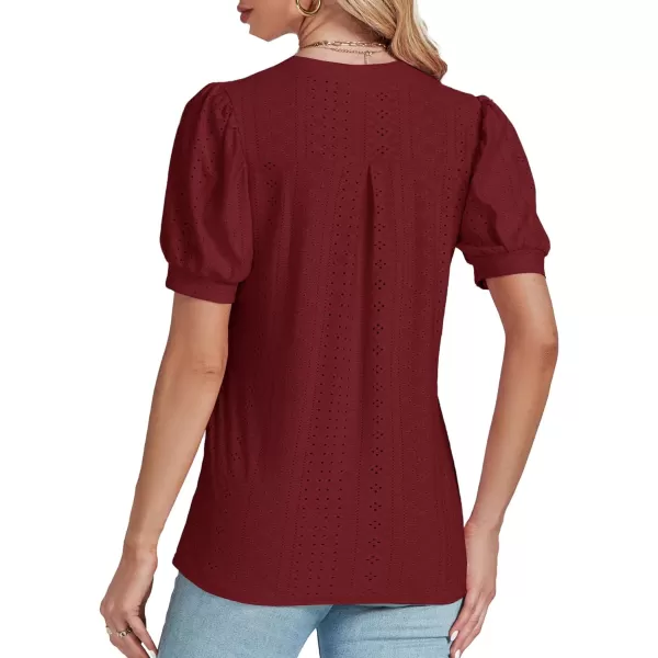 LYANER Women's Casual Eyelet V Neck Puff Short Sleeve Shirt Blouse Tunic Top
