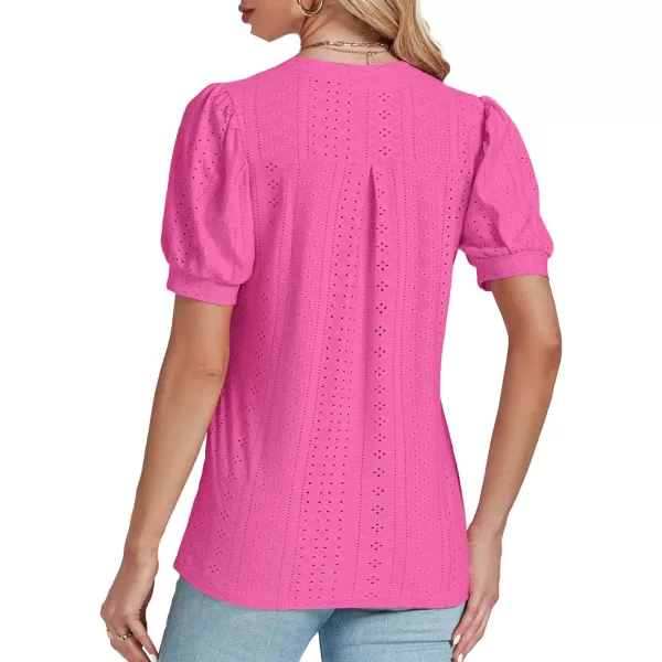 LYANER Women's Casual Eyelet V Neck Puff Short Sleeve Shirt Blouse Tunic Top