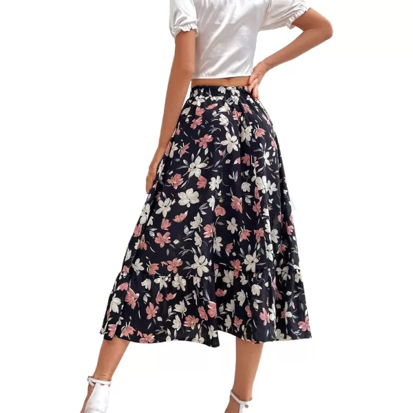 LYANER Women's Casual Floral Print Elastic High Waist Flowy Hem Midi Skirt