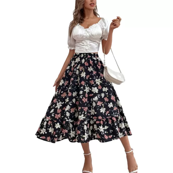 LYANER Women's Casual Floral Print Elastic High Waist Flowy Hem Midi Skirt