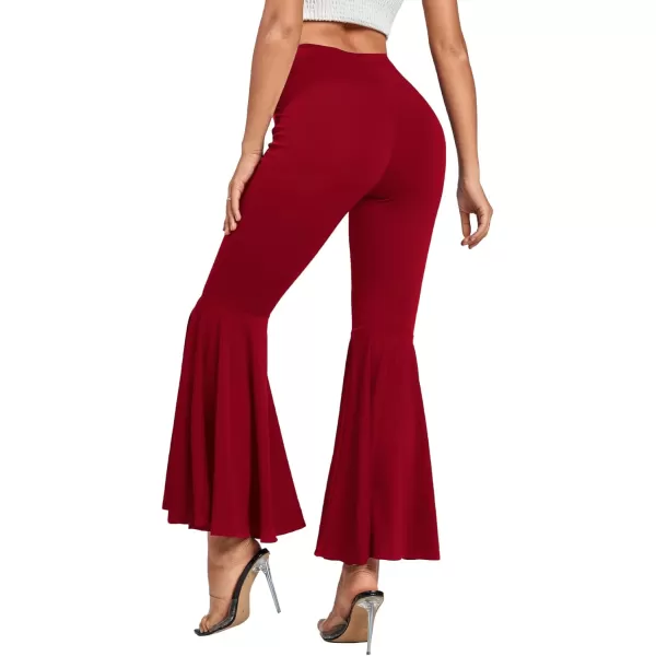 LYANER Women's Casual High Waist Ruffle Flare Pants Wide Leg Solid Stretchy Bell Bottom