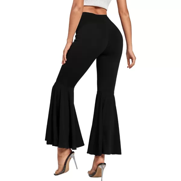 LYANER Women's Casual High Waist Ruffle Flare Pants Wide Leg Solid Stretchy Bell Bottom