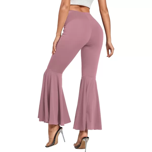 LYANER Women's Casual High Waist Ruffle Flare Pants Wide Leg Solid Stretchy Bell Bottom