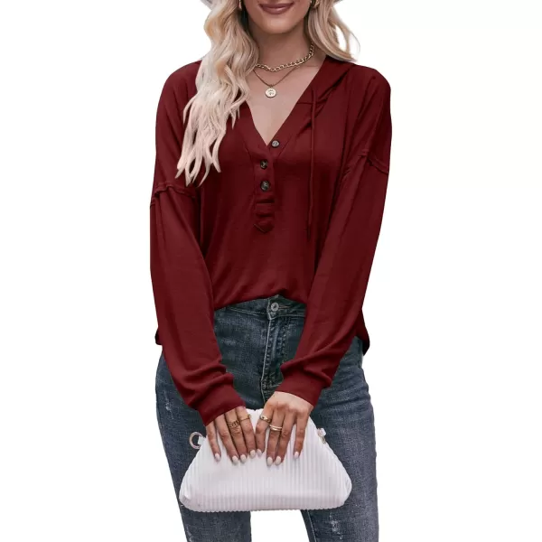 LYANER Women's Casual Hooded Sweatshirt Button V Neck drawstring Long Sleeve Hoodies Sweater Pullover