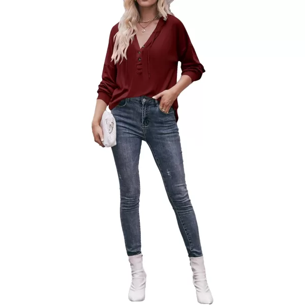 LYANER Women's Casual Hooded Sweatshirt Button V Neck drawstring Long Sleeve Hoodies Sweater Pullover