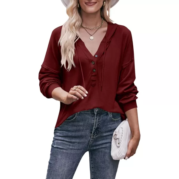 LYANER Women's Casual Hooded Sweatshirt Button V Neck drawstring Long Sleeve Hoodies Sweater Pullover