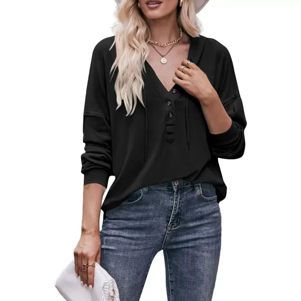 LYANER Women's Casual Hooded Sweatshirt Button V Neck drawstring Long Sleeve Hoodies Sweater Pullover