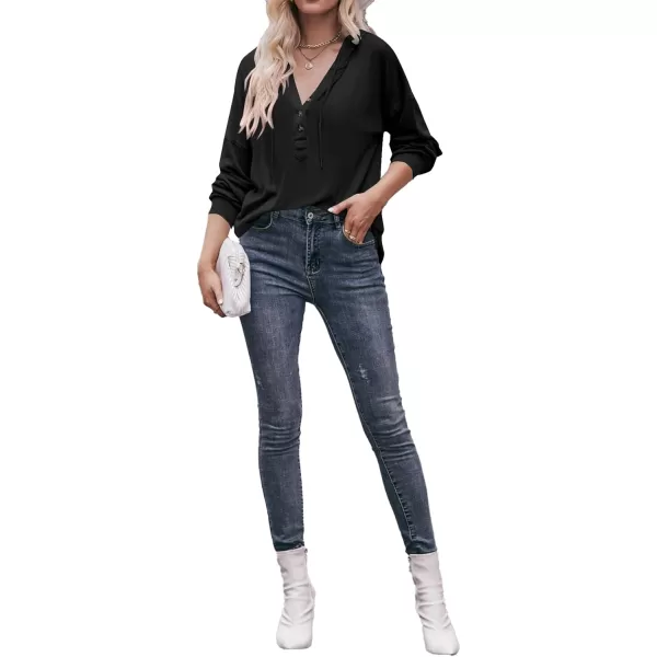 LYANER Women's Casual Hooded Sweatshirt Button V Neck drawstring Long Sleeve Hoodies Sweater Pullover