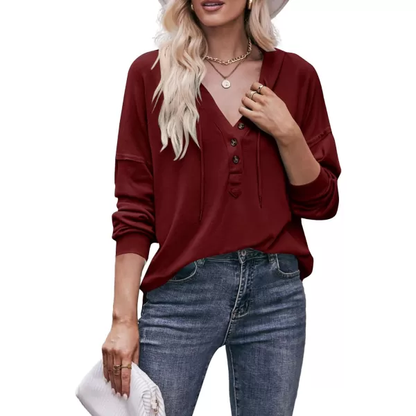 LYANER Women's Casual Hooded Sweatshirt Button V Neck drawstring Long Sleeve Hoodies Sweater Pullover