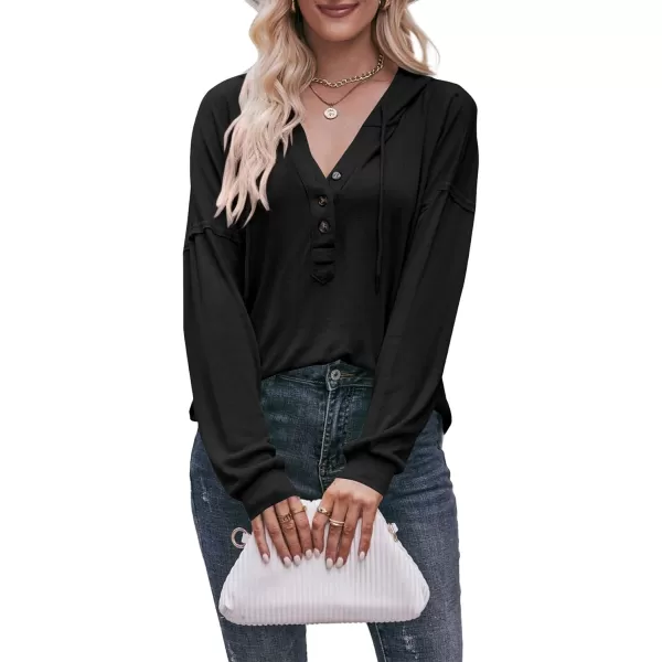 LYANER Women's Casual Hooded Sweatshirt Button V Neck drawstring Long Sleeve Hoodies Sweater Pullover