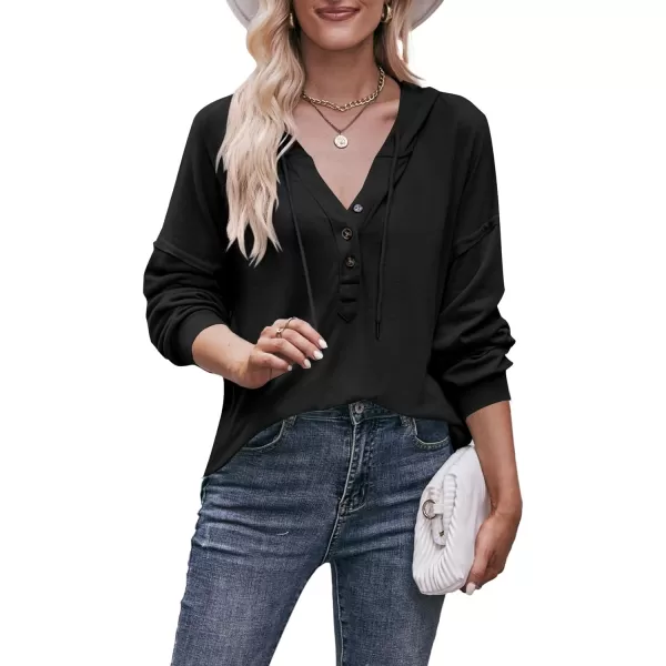 LYANER Women's Casual Hooded Sweatshirt Button V Neck drawstring Long Sleeve Hoodies Sweater Pullover