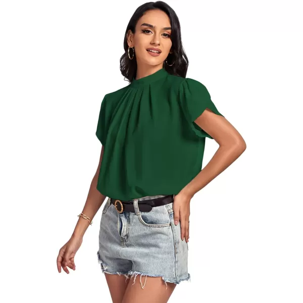 LYANER Women’s Casual Mock Neck Basic Pleated Wrap Short Sleeve Curved Keyhole Back Blouse Shirt Top