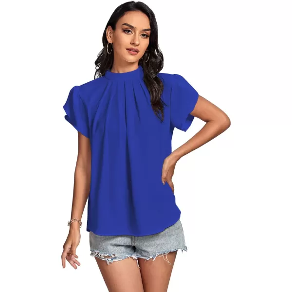 LYANER Women’s Casual Mock Neck Basic Pleated Wrap Short Sleeve Curved Keyhole Back Blouse Shirt Top
