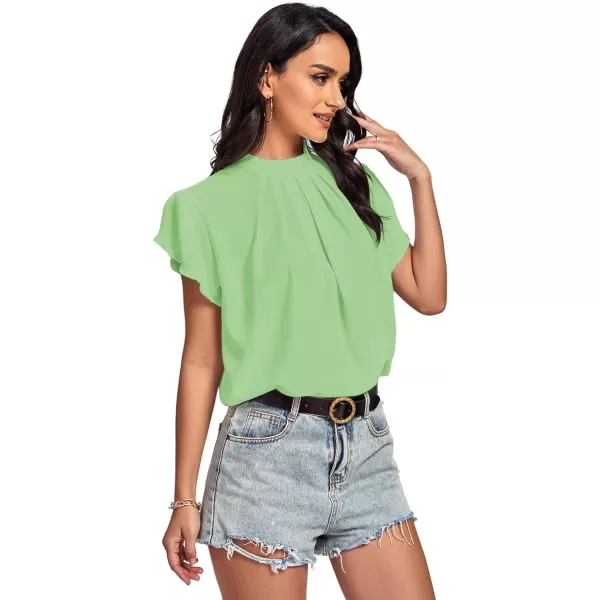LYANER Women’s Casual Mock Neck Basic Pleated Wrap Short Sleeve Curved Keyhole Back Blouse Shirt Top