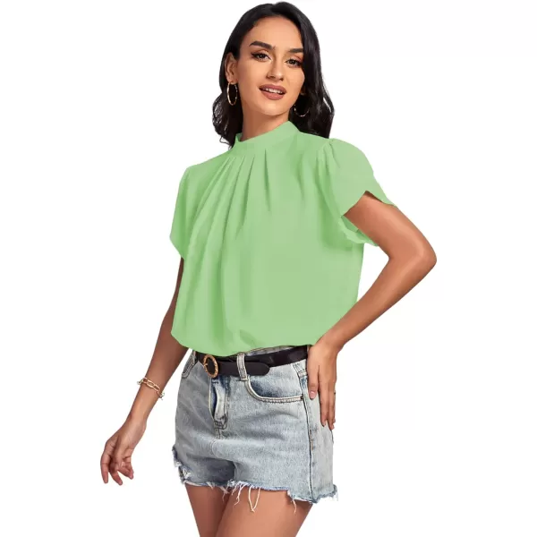 LYANER Women’s Casual Mock Neck Basic Pleated Wrap Short Sleeve Curved Keyhole Back Blouse Shirt Top