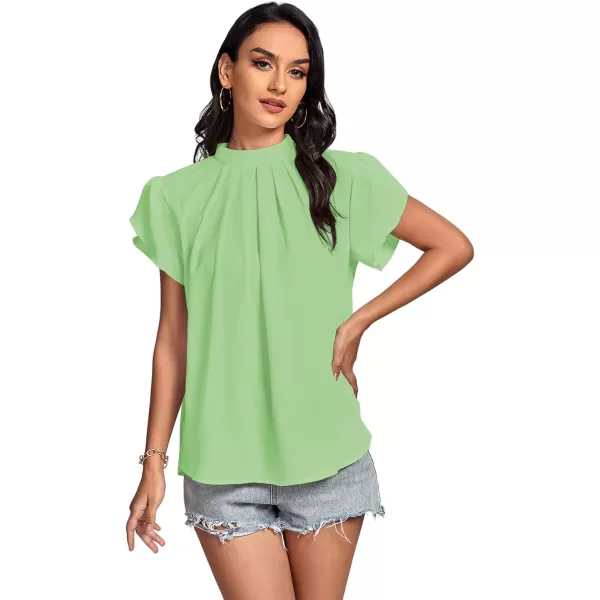 LYANER Women’s Casual Mock Neck Basic Pleated Wrap Short Sleeve Curved Keyhole Back Blouse Shirt Top