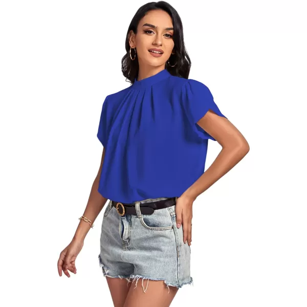 LYANER Women’s Casual Mock Neck Basic Pleated Wrap Short Sleeve Curved Keyhole Back Blouse Shirt Top