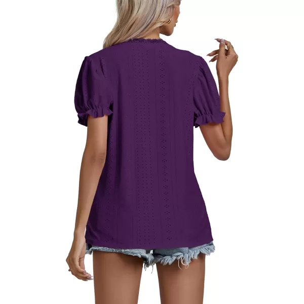 LYANER Women's Casual Puff Short Sleeve Lace Trim Eyelet V Neck Shirt Blouse Tunic Top