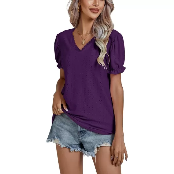 LYANER Women's Casual Puff Short Sleeve Lace Trim Eyelet V Neck Shirt Blouse Tunic Top