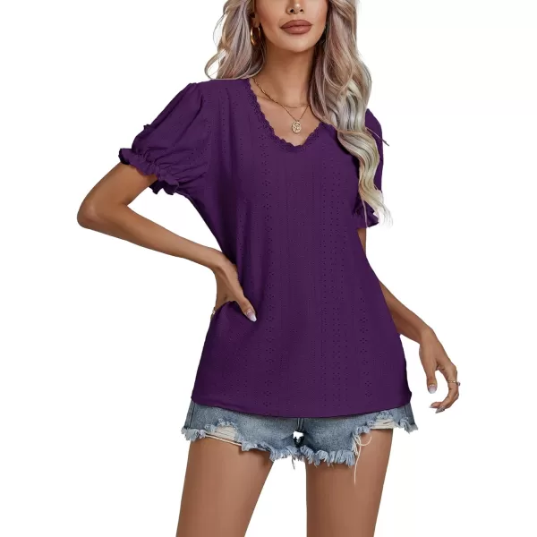 LYANER Women's Casual Puff Short Sleeve Lace Trim Eyelet V Neck Shirt Blouse Tunic Top