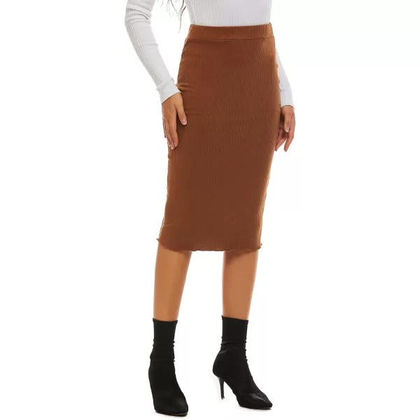 LYANER Women's Casual Ribbed Elastic Waist Lettcue Trim Bodycon Midi Skirt