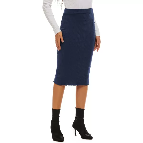 LYANER Women's Casual Ribbed Elastic Waist Lettcue Trim Bodycon Midi Skirt