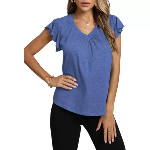 LYANER Women's Casual Ruffle Cap Sleeve V Neck Pleated Front Shirt Blouse Tunic Top