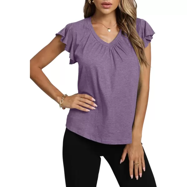 LYANER Women's Casual Ruffle Cap Sleeve V Neck Pleated Front Shirt Blouse Tunic Top