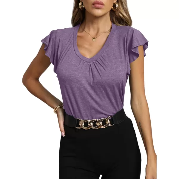 LYANER Women's Casual Ruffle Cap Sleeve V Neck Pleated Front Shirt Blouse Tunic Top