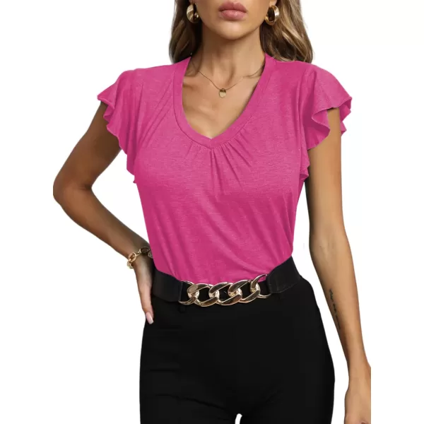 LYANER Women's Casual Ruffle Cap Sleeve V Neck Pleated Front Shirt Blouse Tunic Top