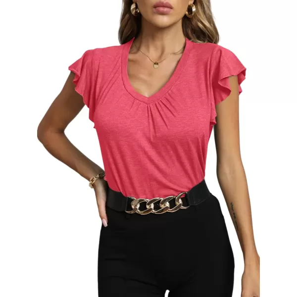 LYANER Women's Casual Ruffle Cap Sleeve V Neck Pleated Front Shirt Blouse Tunic Top