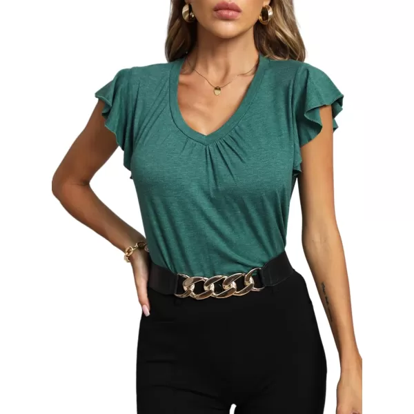 LYANER Women's Casual Ruffle Cap Sleeve V Neck Pleated Front Shirt Blouse Tunic Top