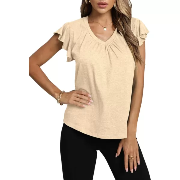 LYANER Women's Casual Ruffle Cap Sleeve V Neck Pleated Front Shirt Blouse Tunic Top