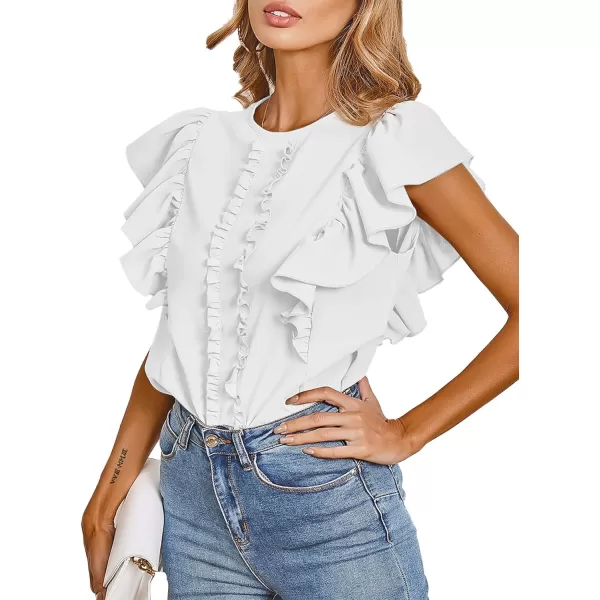 LYANER Women's Casual Ruffle Trim Short Sleeve Round Neck Blouse Shirt Top