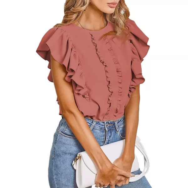 LYANER Women's Casual Ruffle Trim Short Sleeve Round Neck Blouse Shirt Top