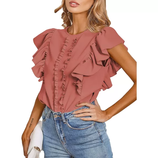 LYANER Women's Casual Ruffle Trim Short Sleeve Round Neck Blouse Shirt Top