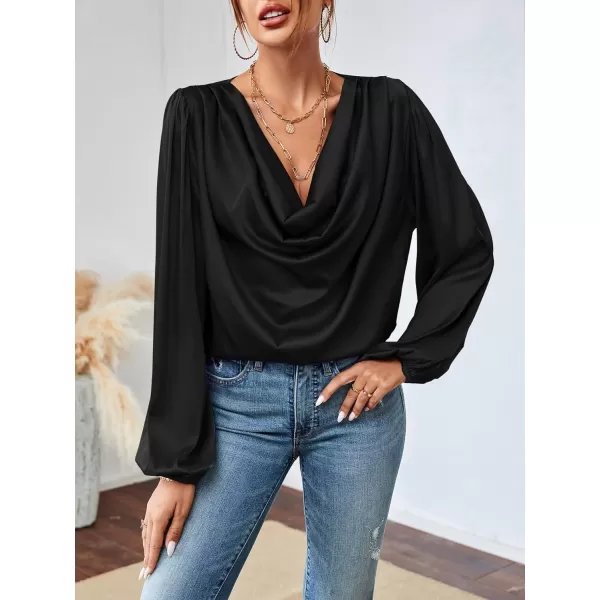 LYANER Women's Casual Satin Silky Draped Cowl Neck Ruched Long Sleeve Blouse Shirt Top
