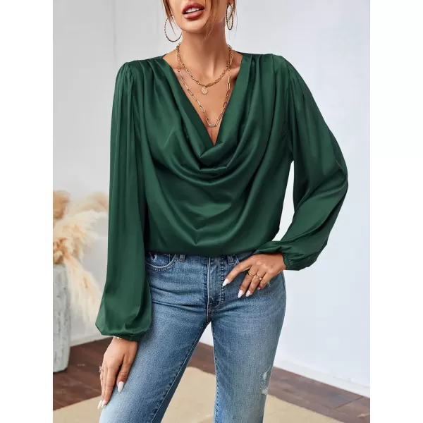 LYANER Women's Casual Satin Silky Draped Cowl Neck Ruched Long Sleeve Blouse Shirt Top