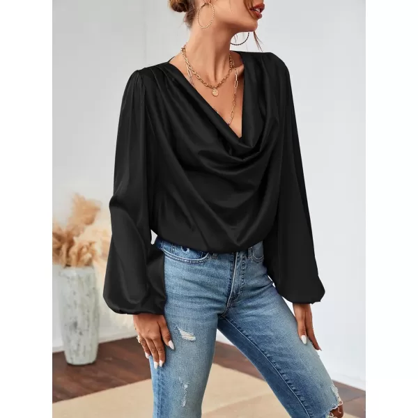 LYANER Women's Casual Satin Silky Draped Cowl Neck Ruched Long Sleeve Blouse Shirt Top