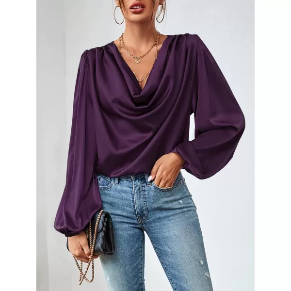 LYANER Women's Casual Satin Silky Draped Cowl Neck Ruched Long Sleeve Blouse Shirt Top