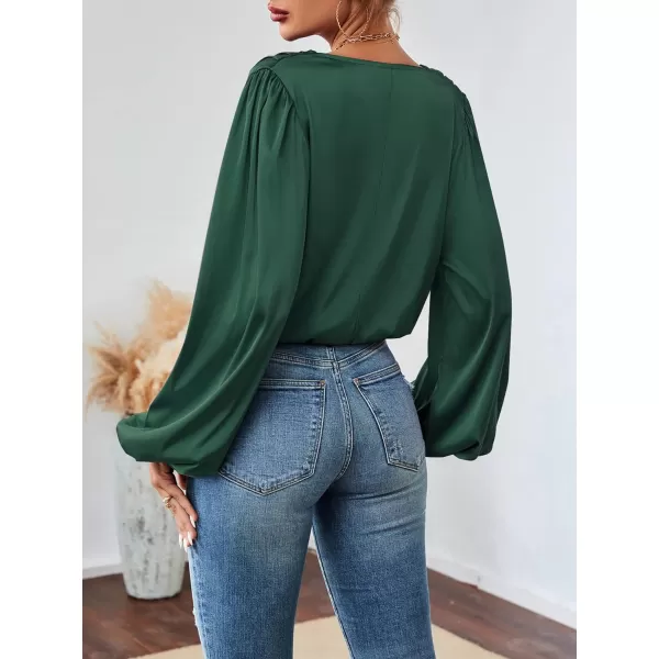 LYANER Women's Casual Satin Silky Draped Cowl Neck Ruched Long Sleeve Blouse Shirt Top