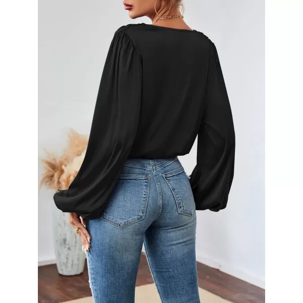 LYANER Women's Casual Satin Silky Draped Cowl Neck Ruched Long Sleeve Blouse Shirt Top