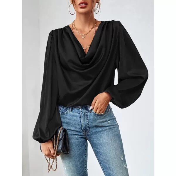 LYANER Women's Casual Satin Silky Draped Cowl Neck Ruched Long Sleeve Blouse Shirt Top