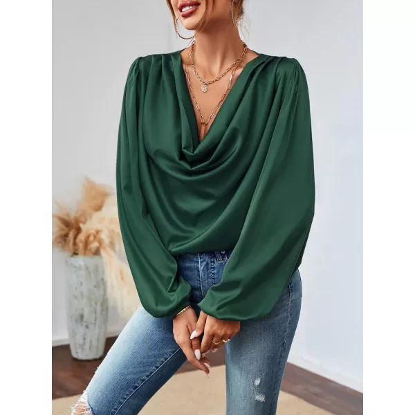 LYANER Women's Casual Satin Silky Draped Cowl Neck Ruched Long Sleeve Blouse Shirt Top
